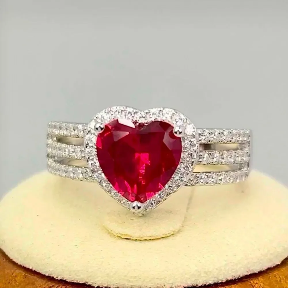 925 Sterling Silver Red Ruby Heart Ring CZ Halo Triple Band Wedding Promise Ring